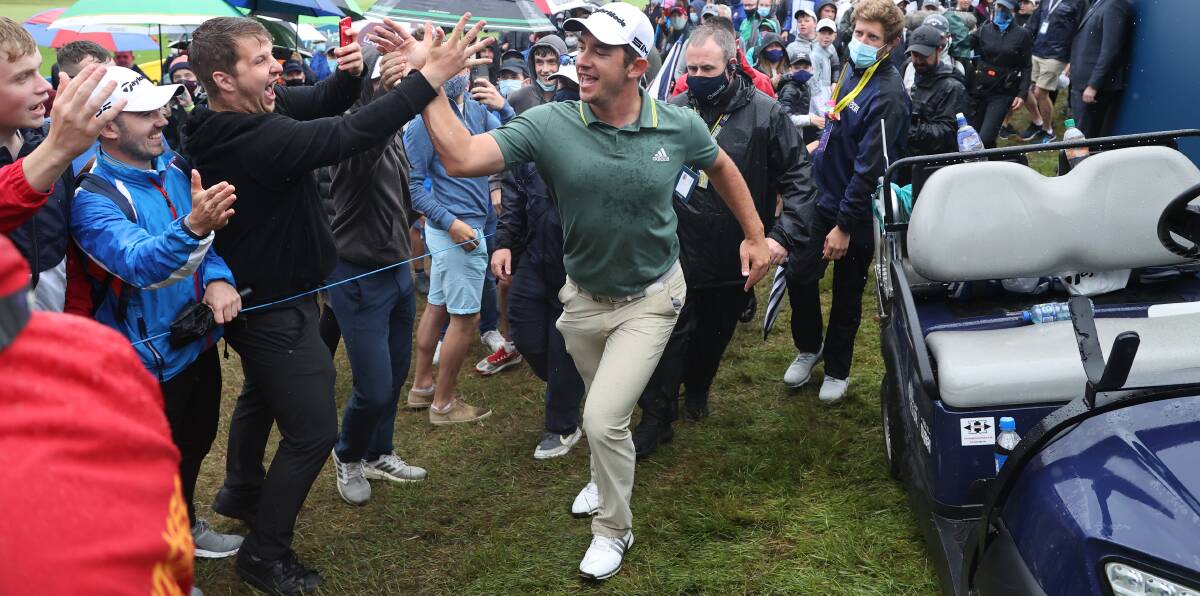 CELEBRATIONS: Lucas Herbert embraces victory with the fans after winning the 2021 Dubai Duty Free Irish Open. Picture: GETTY IMAGES