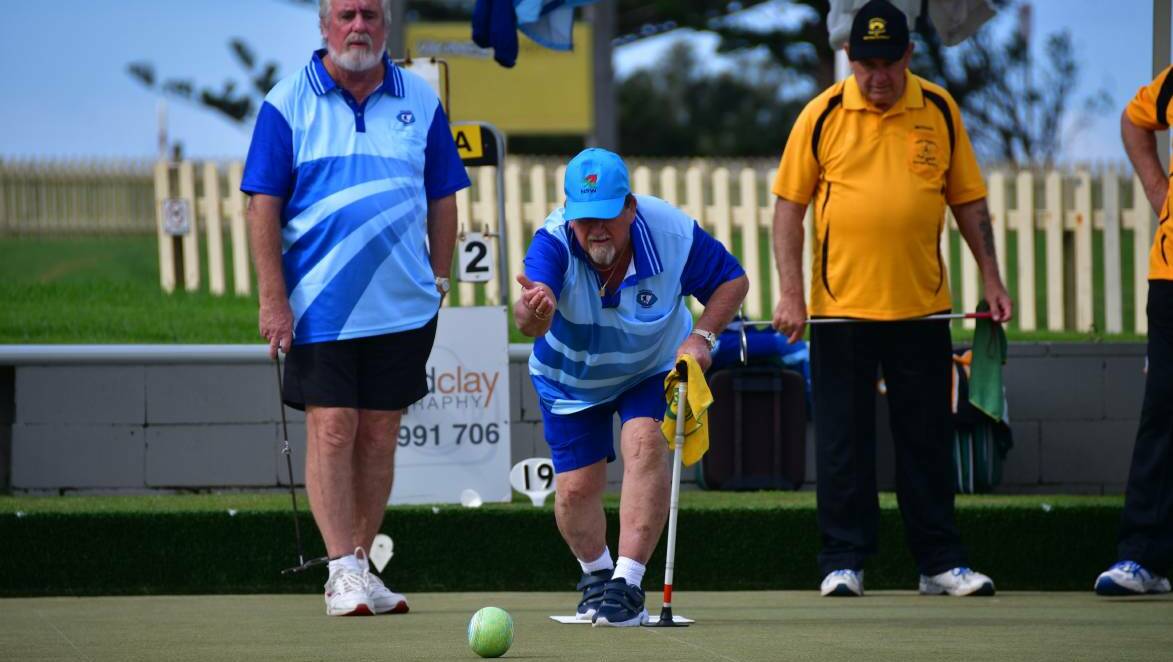 Good weight: Max Glasse sends a bowl down the green at nationals. Picture: PAUL JOBBER