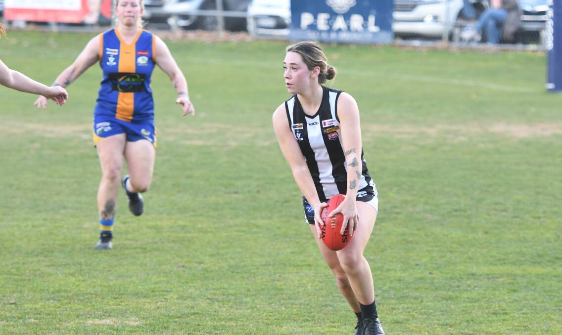 DEFENSIVE PERFORMANCE: Jemma Finning was crucial across the midfield during Castlemaine's thrilling two-point win over Golden Square on Sunday at Camp Reserve. Picture: ANTHONY PINDA