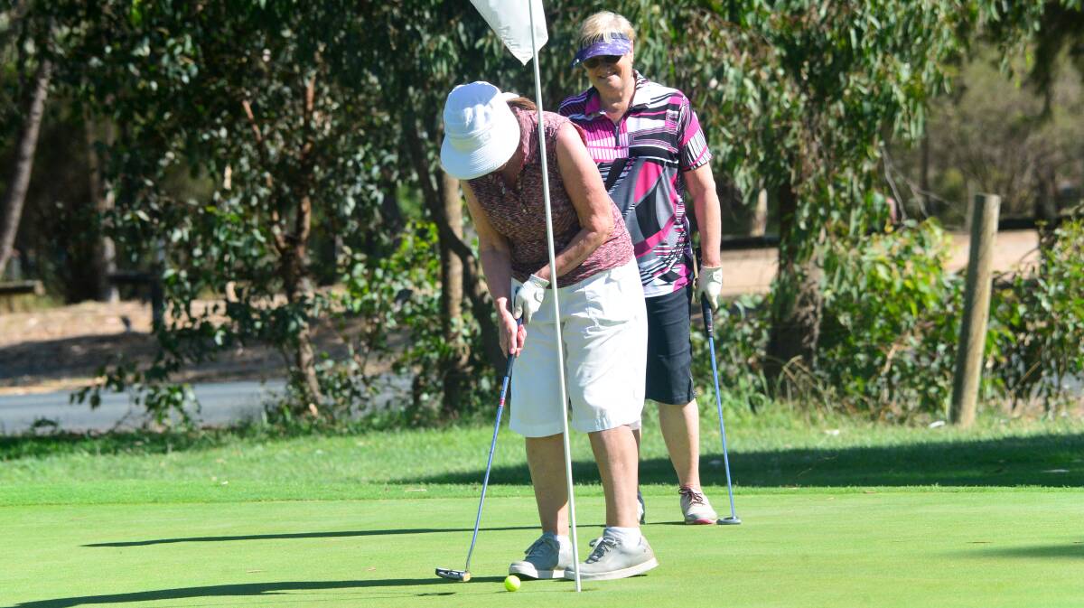 GOOD ROLL: Jen Bezles sinks a putt at Bendigo Golf Club while Barb Vyner watches on.