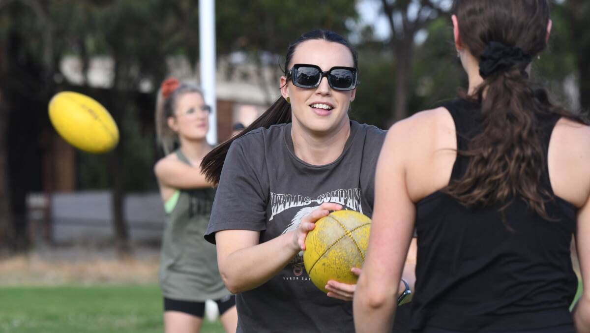 Eaglehawk senior women's co-coach Molly Metcalf in action during a team pre-season training session in February. The 2023 competition marks Metcalf's first year in a playing-coach role with the Hawks. Picture by Noni Hyett