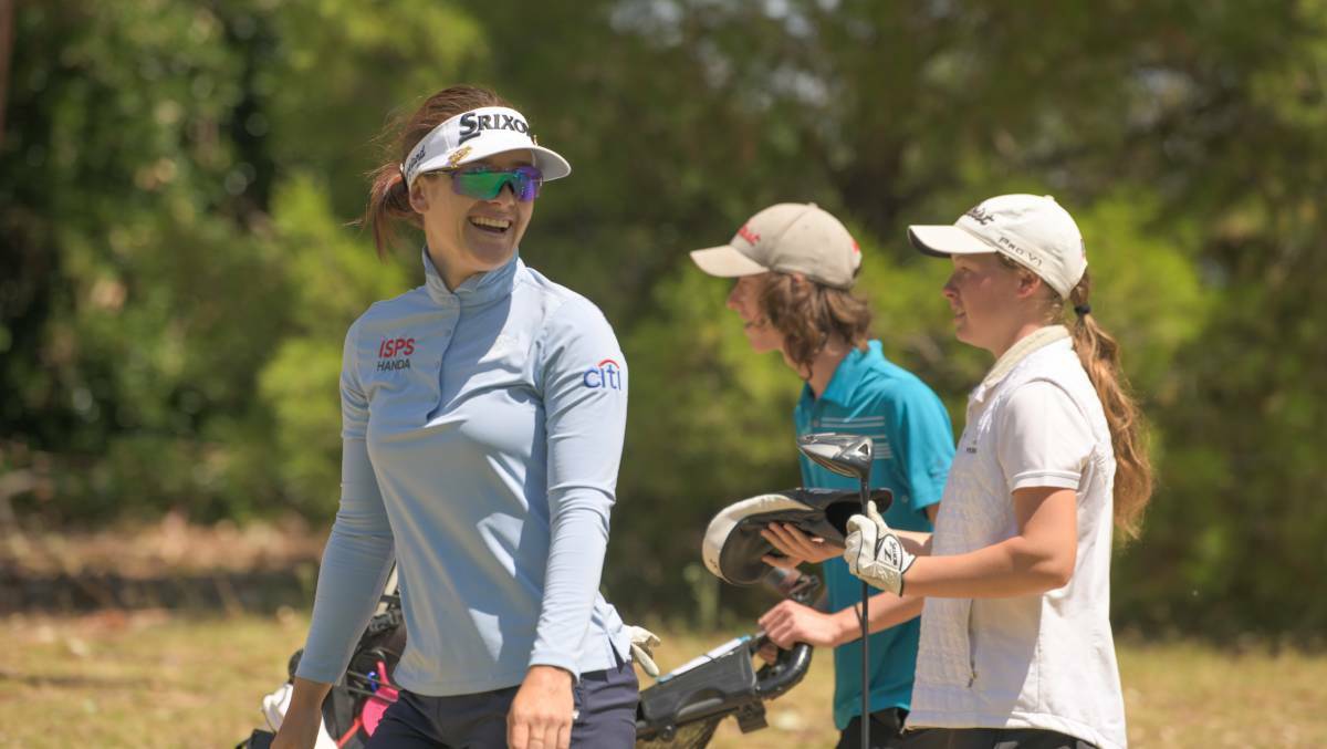 Hannah Green walks the fairways of Cobram Barooga alongside Belvoir Park golfer Jazy Roberts. Picture PGA of Australia
