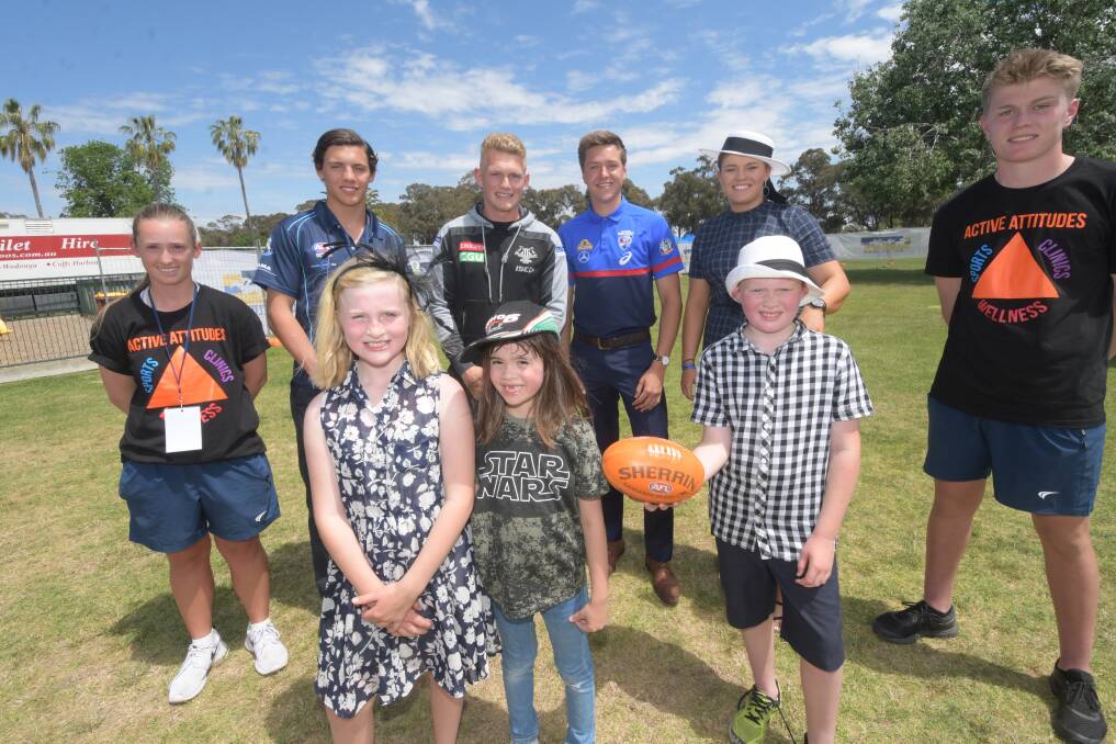 JUNIOR PARTICIPATION: Jye Caldwell, Adam Treloar, Fergus Greene and Bella Ayre spent the afternoon at the AFL Fun Zone football clinic. Pictures: NONI HYETT
