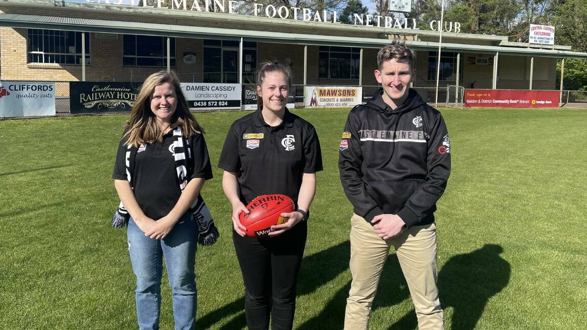 MAINE LEADERSHIP: Castlemaine Football Netball Club's Georgia Banks, Tiahna Cochrane and Caleb Kuhle are eager to get down to business with the Magpies' new senior women's team. Picture: SUPPLIED