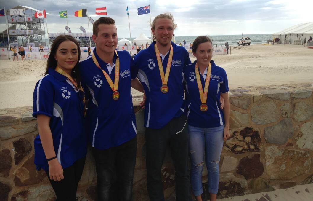 MEDALISTS: (L-R) Georgia Moy, Charlie Phillips, Josh Stephens and Alix Smith won a bronze medal in the IRB Mass Rescue event at the Lifesaving World Championships at Adelaide. Picture: SUPPLIED