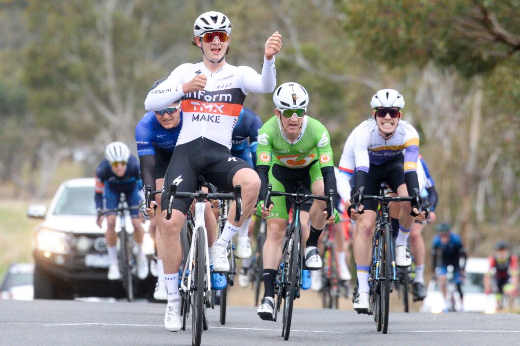 RISING STAR: Bendigo District Cycling Club's Blake Agnoletto celebrates after winning the fourth stage of the Merv Dean Memorial Tour. Pictures: DARREN HOWE