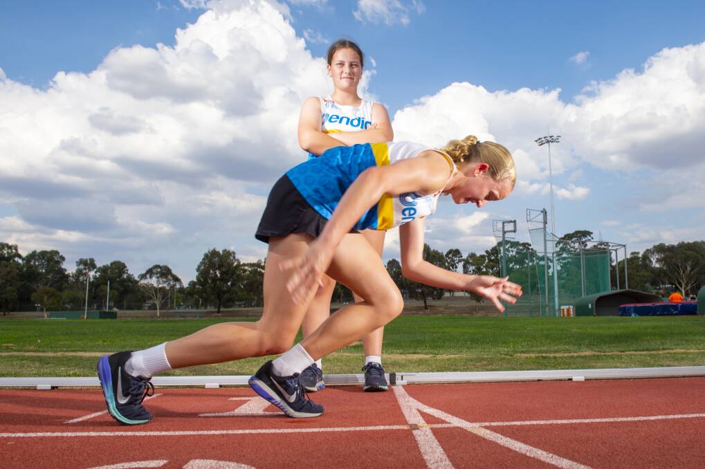 ON TRACK: Bendigo Little Athletes Caitlin Evans and Haylee Greenman have been selected to compete on an athletics tour of North America in July. Picture: DARREN HOWE