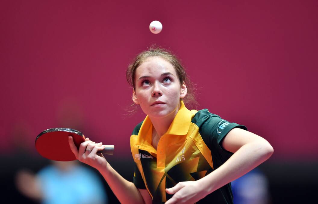 EYES ON GLORY: Australia's Rebekah Stanley competing on day one against Romania's Andreea Dragoman. The tournament will see 150 athletes compete across a range of singles, mixed and team events. Picture: GLENN DANIELS