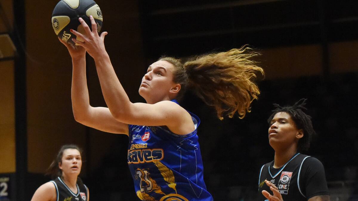 Megan McKay drives to the basketball during the Braves' most recent NBL1 South win against Hobart. Picture: DARREN HOWE
