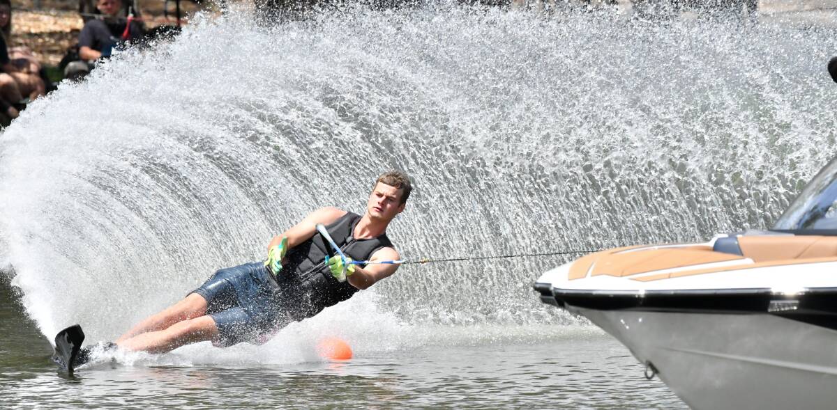 MAKING WAVES: Joey Gerry shows his skills on the water on Sunday at the 2022 EasyTow Malibu Australian Masters. Competitors travelled from across the country for the three-day competition on the Loddon River. Pictures: NONI HYETT