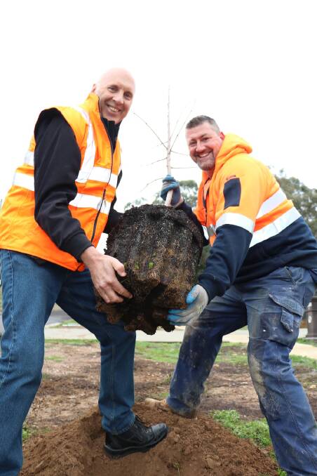 
Mount Alexander Shire's Stewart Campbell and Citywide's Andrew Campbell starting the tree planting program. Picture: SUPPLIED. 