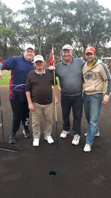 Rob Day, Ian Rogers, Snow Needs and Brett Wilson after Needs' hole-in-one at Inglewood.