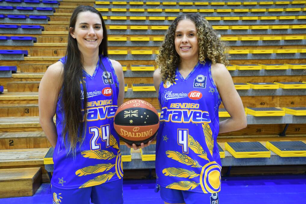 INDIGENOUS ROUND: Bendigo Braves' Tessa Lavey and Bianca Dufelmeier wearing the Indigenous round jerseys designed by Racquel Kerr which they will wear during the clash against the Bandits. Picture: ANTHONY PINDA