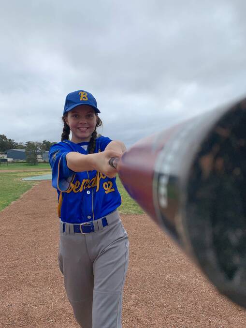BATTER UP: Bendigo women's representative Phoebe Martin,14, is ready to play ball at the 2021 Women's Ballarat Baseball Challenge. Martin is the youngest player on the 10-strong women's squad. Picture: BELINDA MARTIN