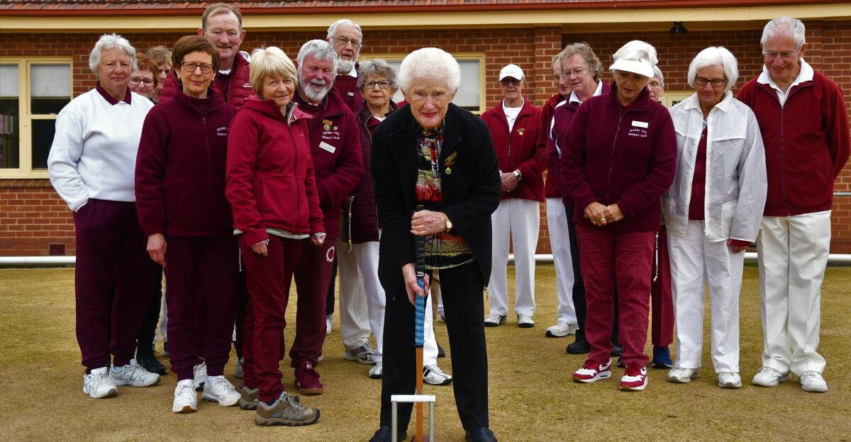 NEW SEASON: Quarry Hill Croquet Club invited life member Megs Campbell to run the first hoop, marking the beginning of the 2019 season. Picture: ANTHONY PINDA