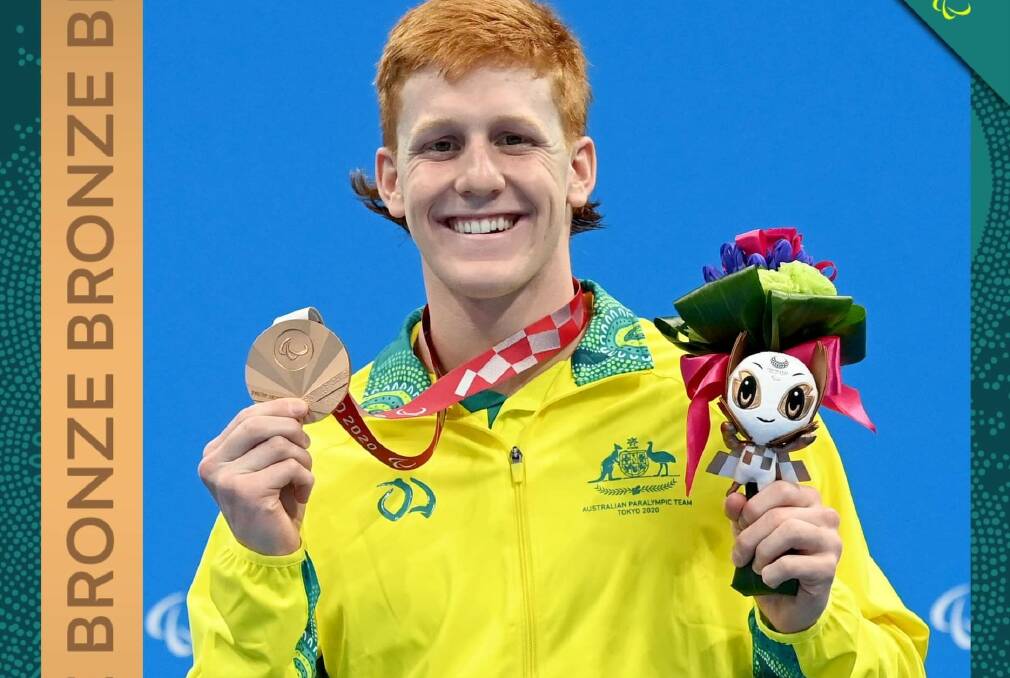 PODIUM: Bamawm 18-year-old swimmer Col Pearse wins bronze in the Men's 100m Butterfly S10 on debut for the Australian Paralympic team. Picture: PARALYMPICS AUSTRALIA