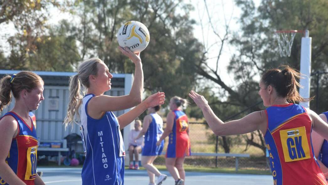 FLASHBACK: Mitiamo playing coach Laura Hicks sunk the final shot of the game to clinch a draw for Mitiamo against Marong when the teams first met earlier in the year during round three. Picture: KIERAN ILES