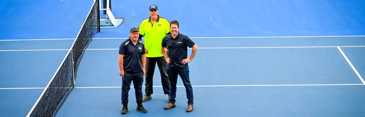 B&T's Tony Bellenger and Andrew Perryman with ICP Group's Leon Rettalick couldn't be prouder of the award-winning work undertaken at the Bendigo Regional Tennis Centre. Picture by Darren Howe