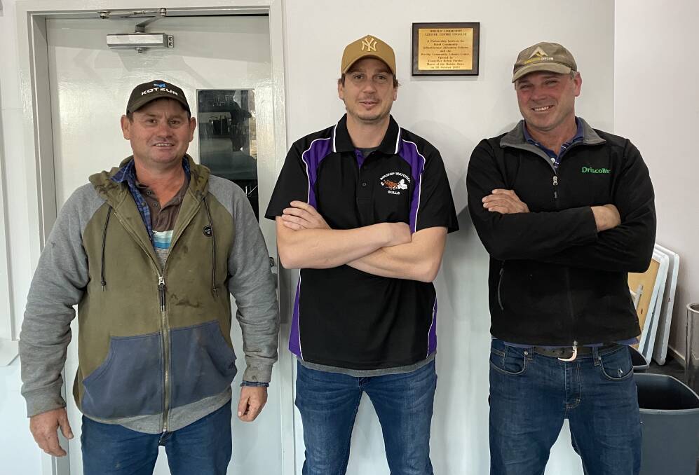 TOP APPOINTMENT: Birchip-Watchem Football Club's new senior coach Marcus Demaria (centre) with vice president Paul Lowry and president Andrew Frank. Picture: SUPPLIED