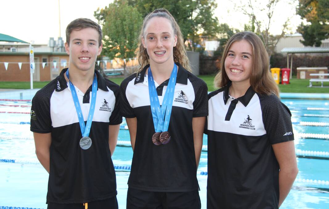 TOP SWIMMERS: Bendigo East Swimming Club members Cameron Jordan, Layla Day and Emily Kearns competed in the finals events at the championships.