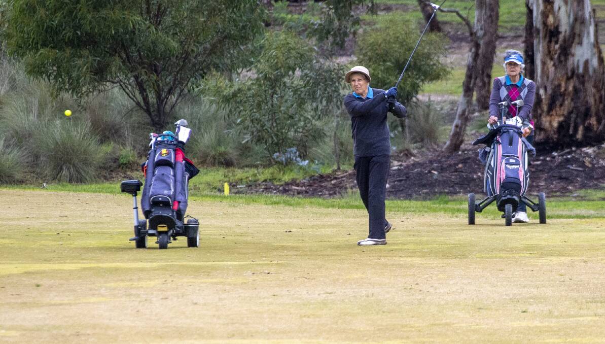 APPROACH: Rosie Clark watches on as her playing partner Cheryl Wallis makes an approach shot at Neangar Park GC on Monday. Picture: DARREN HOWE