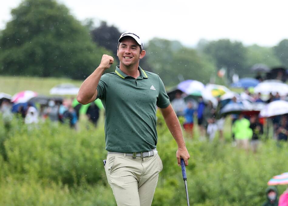 MAGIC: Bendigo golfer Lucas Herbert celebrates his wire-to-wire 19-under par 2021 Irish Open victory as he walks off the 18th green at Mount Juliet Estate. Picture: GETTY IMAGES