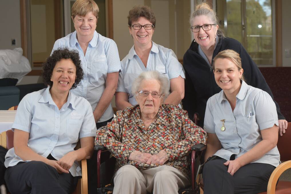 HAPPY BIRTHDAY: Beth Hanson with staff members Vicky Kapo, Beth Miller, Lee Bramley, Janine Cowling and Donna Boi at the Stella Anderson Retirement Home in Bendigo. Picture: NONI HYETT 