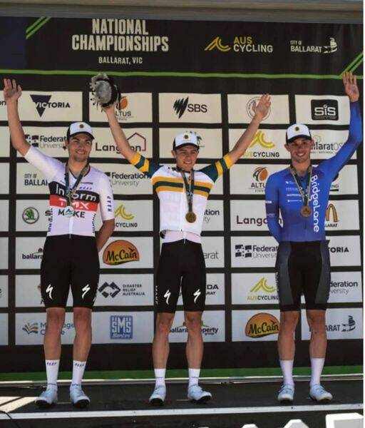 PODIUM: Carter Turnbull secured first, Conor Leahy second and Bendigo and District Cycling Club's Pat Eddy came third in the Under-23 Individual Time Trial.