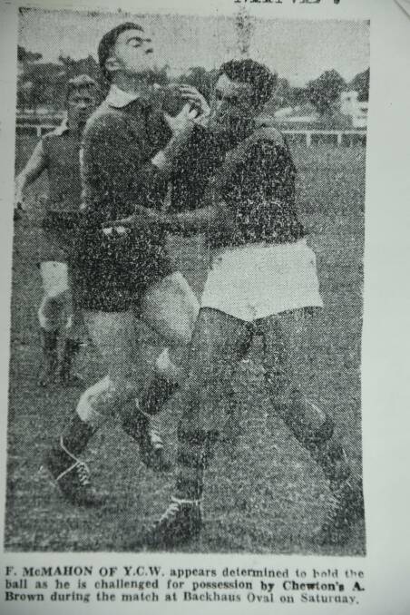 CONTEST: YCW's Frank McMahon takes on Chewton's A. Brown during a match earlier in the 1959 BFA season. 