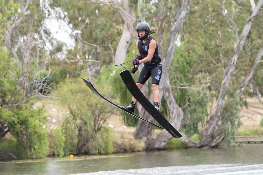 Bridgewater Water Ski Club's Milla Bennett refines her jumping technique before the Australian Masters.