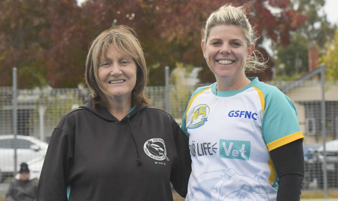Maryborough coach Debbie Symes with Golden Square coach Kendyl Hopley, the pair are the only two coaches in history to reach the 150 game milestone. Picture: NONI HYETT