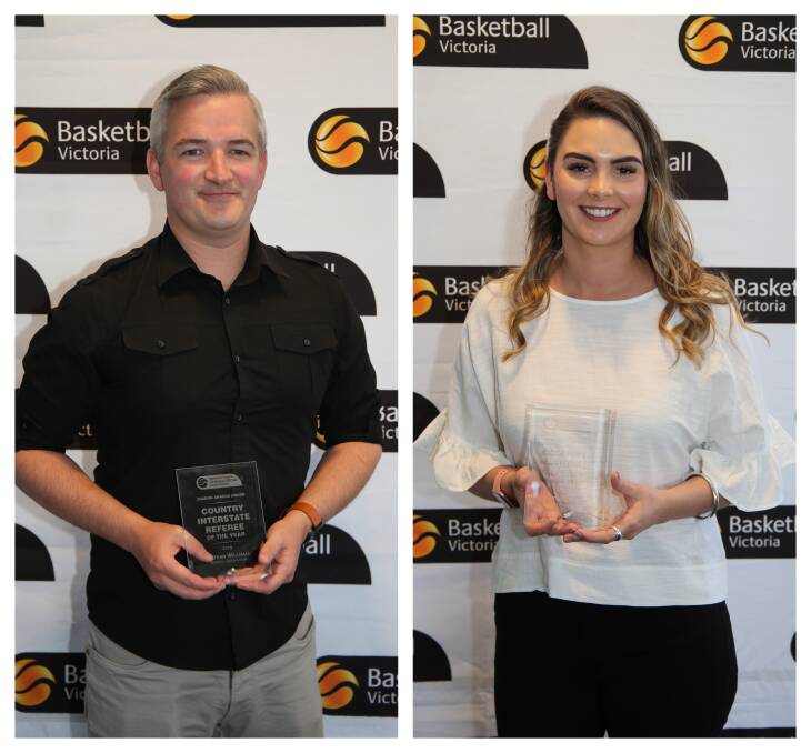 HONOURED: Nathan Williams and Tayla Flint received awards for their contributions as technical officials. Picture: Basketball Victoria