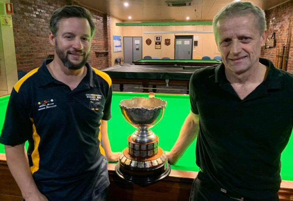 FINALS BATTLE: John Schenck (right) defeated Ryan Bowland (left) in the finals match to secure his 28th Bendigo Billiards Championship title.