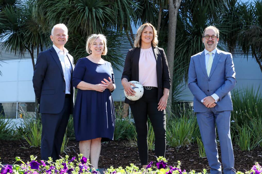 Sharelle McMahon at the Friday morning announcement alongside Martin Pakula MP Minister for Tourism, Sport and Major Events (right), Netball Victoria CEO Rosie King (middle left) and Melbourne and Olympic Park Trust chairperson Patrick Flannigan (left). Picture: NETBALL VICTORIA