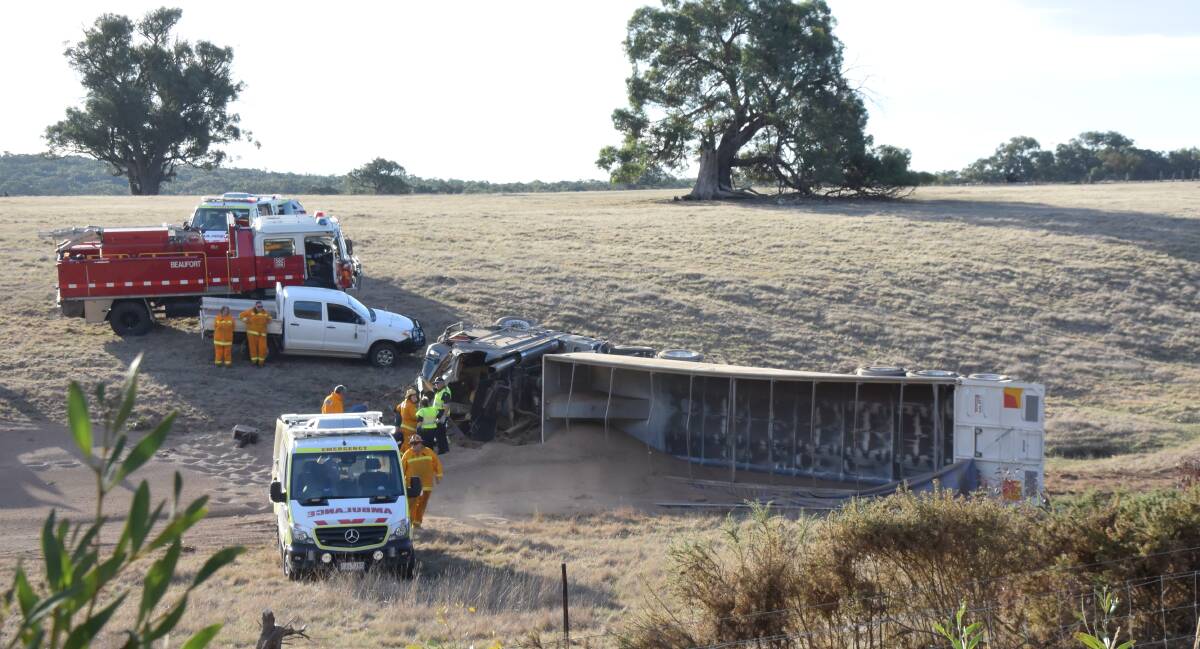 Crash: An Inglewood man has been found guilty of careless driving in the Ballarat Magistrates Court after a truck rollover near Beaufort in April. No others were injured the incident. Picture: Rex Martinich
