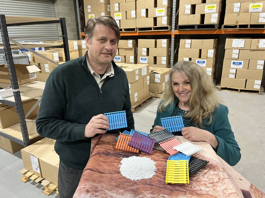 Shearwell Australia general manager Dean Bellingham and office manager Sally Bellingham with the nylon pellets and eID ear tags at the Shearwell Australia factory in Bendigo. Picture by Bryce Eishold
