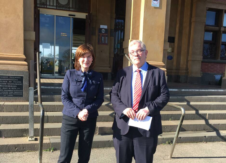 INVESTMENT: Minister for Regional Development Mary-Anne Thomas and Central Goldfields Shire mayor Chris Meddows-Taylor outside the Maryborough Railway Station. Picture: CALEB CLUFF