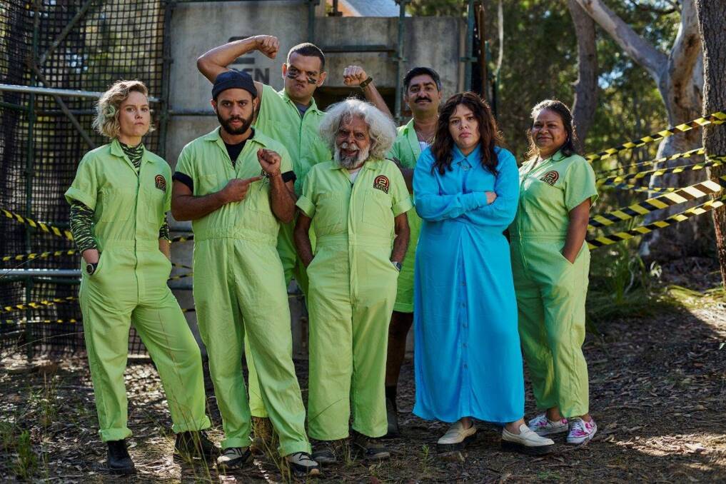 Would they survive?: Eryn Jean Norvill, Aaron McGrath, Meyne Wyatt, Jack Charles, Chum Ehelepola, Nakkiah Lui and Ursula Yovich star in ABC's comedy Preppers. Photo: supplied by ABC TV.