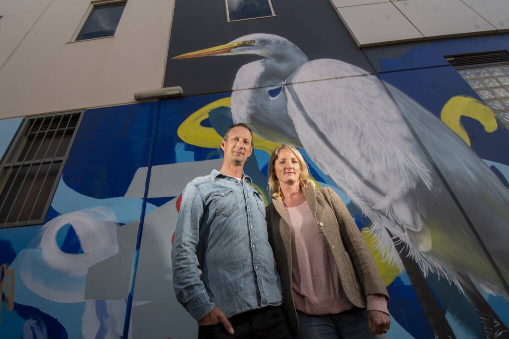 ARTISTS: Husband-wife team Geoffrey Carran and Rowena Martinich have completed their mural in the laneway between Queen and King streets. Picture: DARREN HOWE