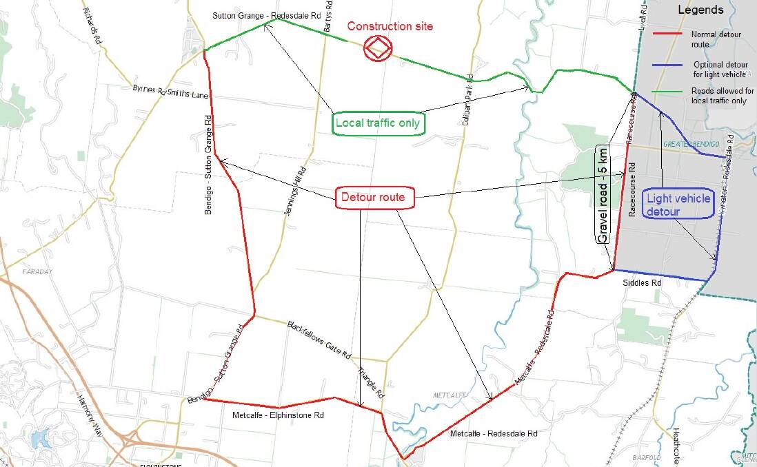 ROAD CLOSED: The detour travels along Bendigo-Sutton Grange Road, Metcalfe-Elphinstone Road, Metcalfe-Redesdale Road and Racecourse Road. 