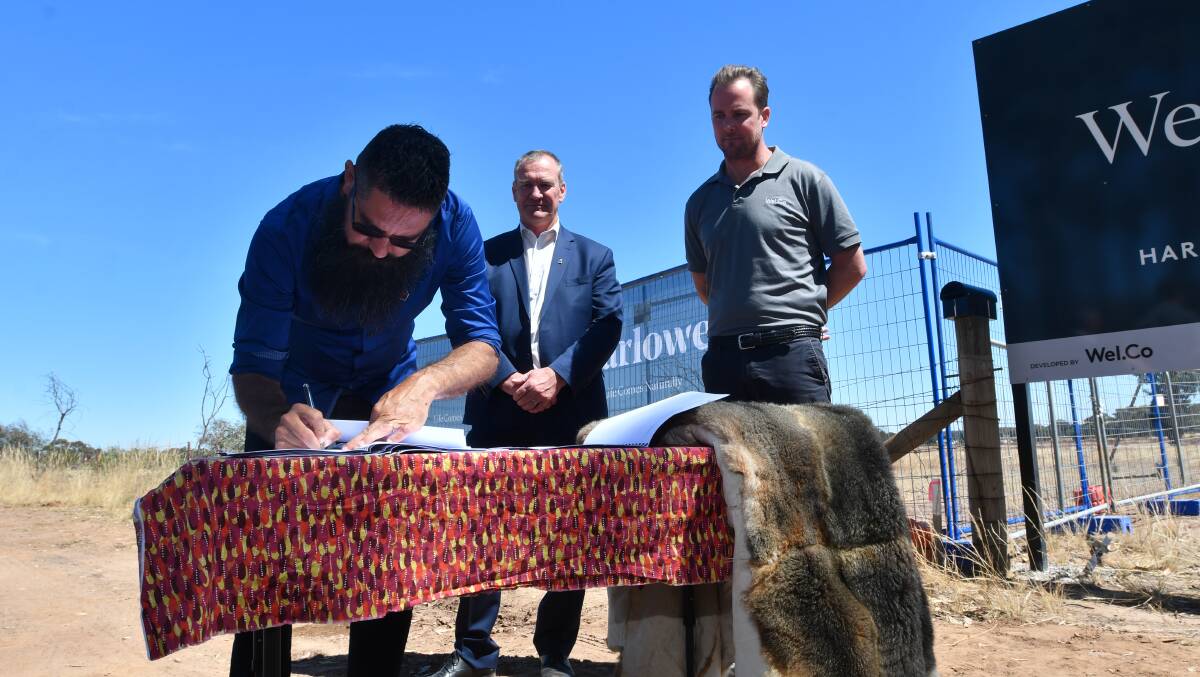 Welco founder Andrew Welsh, Dja Dja Wurrung Clasn Aboriginal Corporation chair Trent Nelson and City of Greater Bendigo chief executive Craig Niemann at the signing their consent agreement. Picture: NONI HYETT