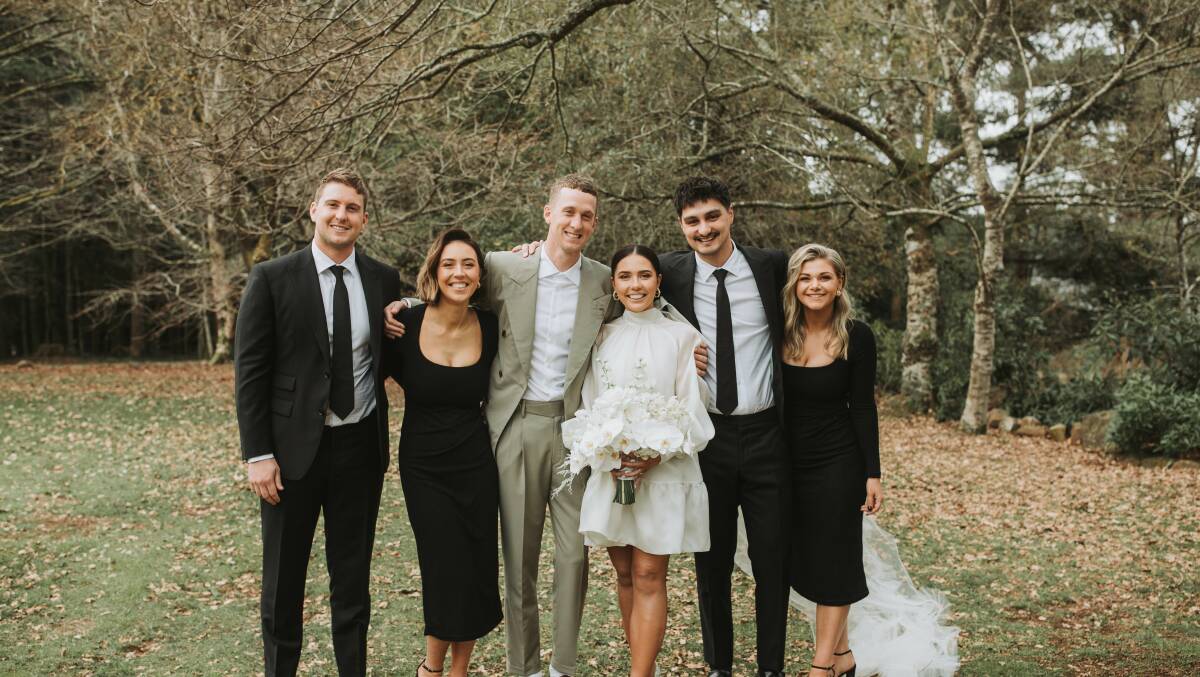 Bridal party: Charlie Bowyer, Ellen Henshall, Jack Bowyer, Georgey Henshall, Jamie Leng and Eliza Leng. Picture: Christian and Hayley Barkla