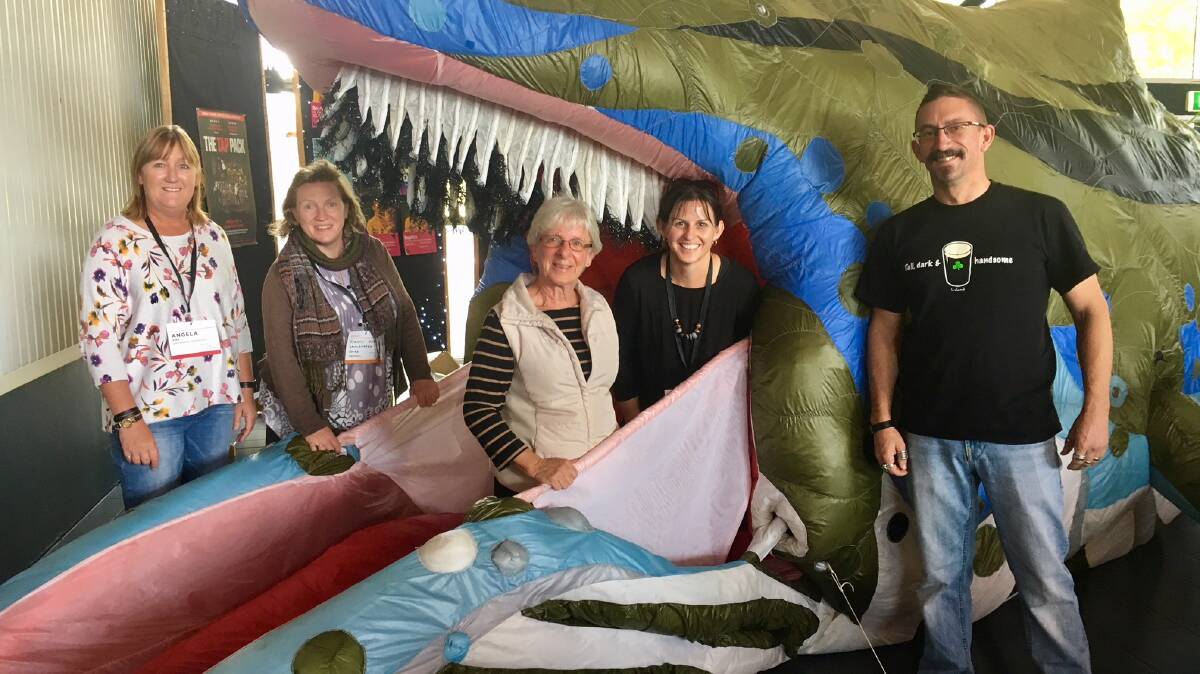 Community members Angela Hird, Gannawarra Shire arts and culture officer Kirsty Orr, Merril Kelly, Narelle O’Donoghue and Father Simon Robinson at Showcase Victoria. Picture: SUPPLIED