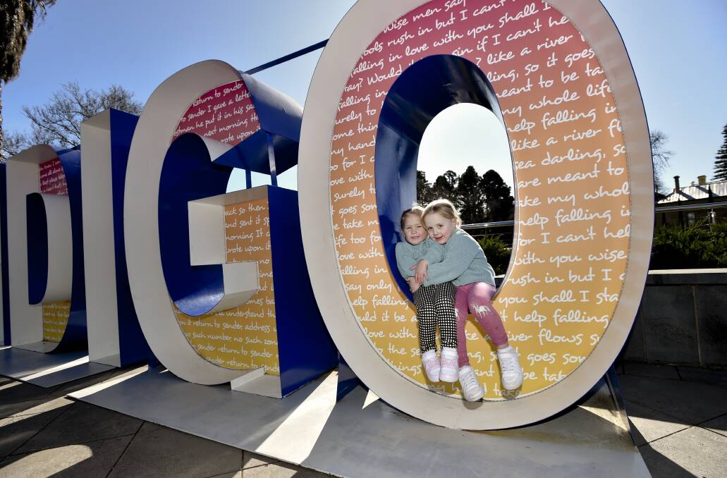ALL SMILES: Cousins Molly Waters and Makenna Ward pose for a photo at the Bendigo sign in the city's CBD. Picture: NONI HYETT