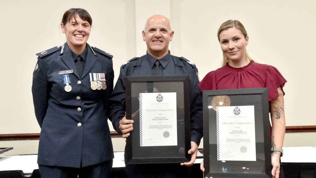 Assistant Commissioner Cindy Millen with Senior Constable Rodney McDowell and First Constable Hannah Pentreath. Picture: DARREN HOWE