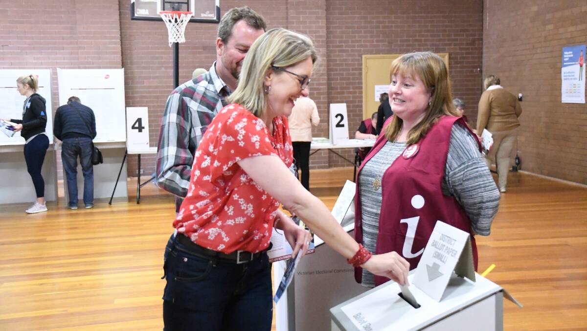 Jacinta Allan casts her vote at Flora Hill this morning. 