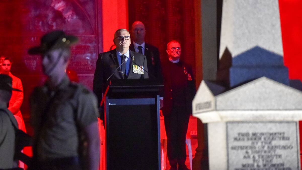LEST WE FORGET: Peter Swandale at the 2022 Dawn Service at the Bendigo Soldiers Memorial Institute. Picture: DARREN HOWE