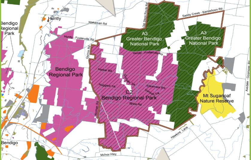 Changes recommended by VEAC in its final report. Shaded pink areas would become part of the existing Bendigo Regional Park. Shaded green areas will be made part of the Greater Bendigo National Park.
