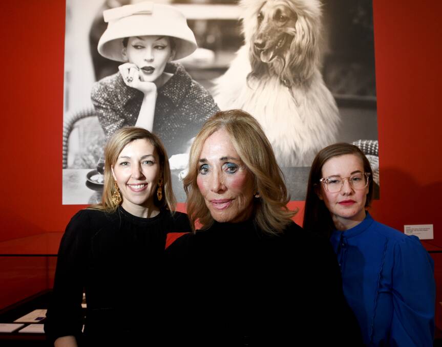 Bendigo Art Gallery director Jessica Bridgfoot with Maggi Eckhart and Victoria and Albert Museum curator Stephanie Wood at the Balenciaga exhibition in 2019. Picture NONI HYETT
