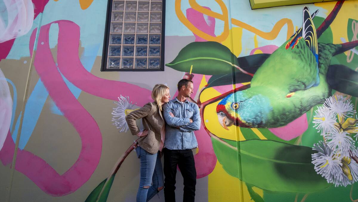ARTISTS: Husband-wife team Geoffrey Carran and Rowena Martinich have completed their mural in the laneway between Queen and King streets. Picture: DARREN HOWE